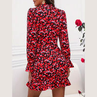 Elegante estampado plisado sentido diseño vestido manga larga cuello vertical volantes envoltura falda de cadera - details 2