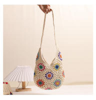 Bolso de algodón tejido con flores coloridas de estilo étnico, bolso de paja casual, bolso de playa para vacaciones, bolso de hombro de estilo perezoso - details 4