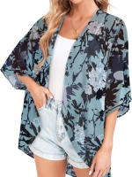 Kimono de gasa ligero con estampado Floral para mujer, cárdigan de manga corta, blusa holgada para la playa, talla grande - details 3