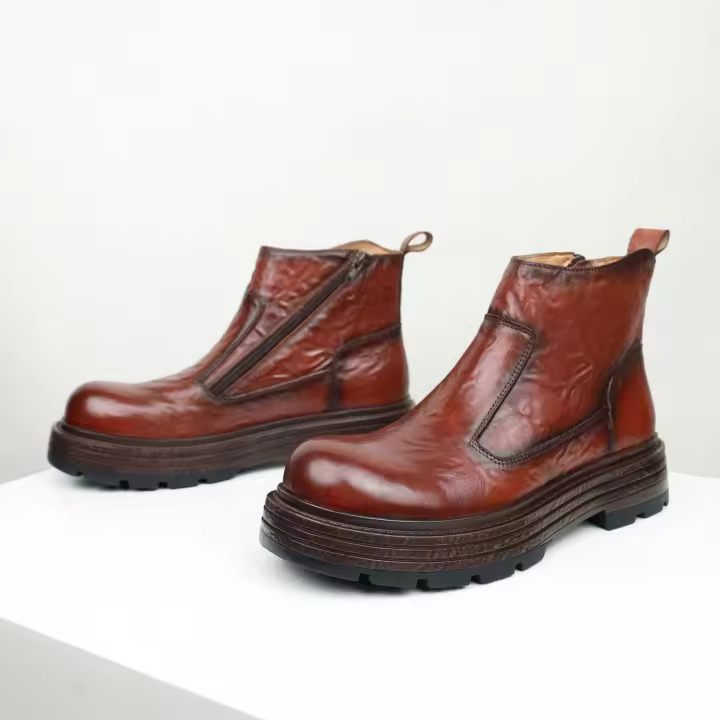 Botas Chelsea botas de cabeza redonda de piel de vaca de primera capa de suela gruesa botas de hombre con cremallera lateral - 1
