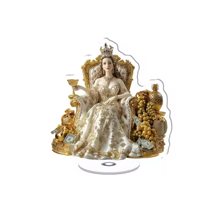 Una escultura acrílica giratoria de una joven reina en un trono dorado adornada con riquezas y frutas que simbolizan la realeza y la abundancia. - 1