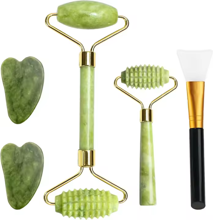 Rodillo de Jade Gua Sha jade roller facial guasha para el masaje facial Kit rodillo jade autentico para ojos, cara, cuello Herramientas de Belleza para el Rostro - 1