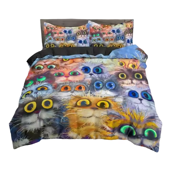 Juego de cama de gato de dibujos animados de acuarela para niños y niñas, funda nórdica de tamaño Queen, funda de almohada, cama para niños y adultos, textiles para el hogar - 1
