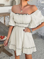 2025 primavera y verano estilo de vacaciones de ocio europeo y americano color sólido borde de hongo vestido de manga corta falda corta para mujer - details 21