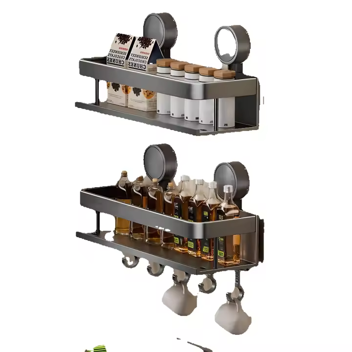 Estante para especias, paquete de 2 organizadores de condimentos sin rastro con 5 ganchos para paredes, refrigerador, horno, gabinete, organizadores de despensa y estante de almacenamiento sin daños, utensilios para el hogar y la cocina (15,7 pulgadas) - 1
