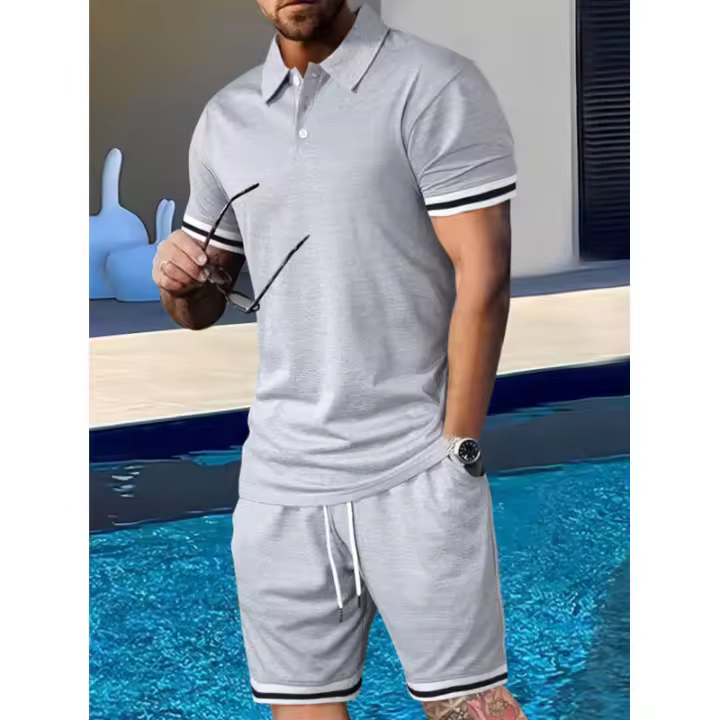 Temu Shein Conjunto de camiseta juvenil con pantalones cortos de manga corta y cuello vuelto de verano - 1