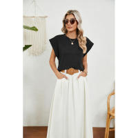 BUNO-2025 Tops para mujer, pantalón corto informal de moda de verano, camisetas básicas con textura a rayas de Color sólido y cuello redondo - details 38