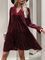 Otoño e Invierno suelto Color sólido con cuello en V vestidos de manga larga para mujer nuevo en elegante Retro Casual Midi vestido femenino - details 21