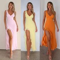 Vestido Maxi de Verano Elegante sin Mangas con Volantes Sexys Cuello en V Profundo, Espalda Alta, Abierto hasta la Coxa - details 14