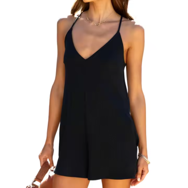 Mono informal de verano sin mangas con pernera ancha para mujer, de color liso pantalones con peto, mono culotte con bolsillos - 1