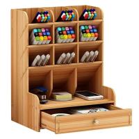 Organizador de bolígrafos de madera multifuncional, organizador de escritorio con cajón, caja de soporte de bolígrafos de gran capacidad, estilo INS - details 0
