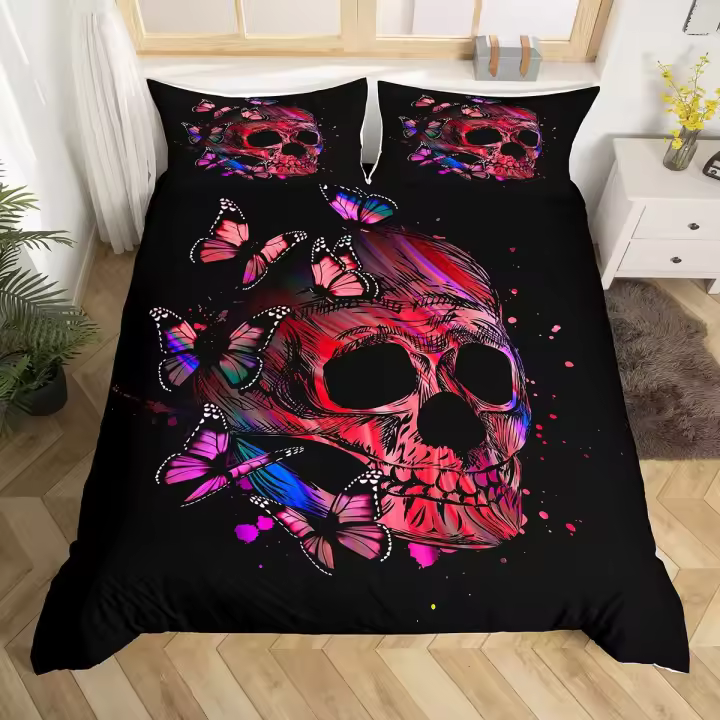 Juego de Cama de Calavera Gótica Funda de Edredón de Poliéster con Diseño de Hongo Trippy - 1