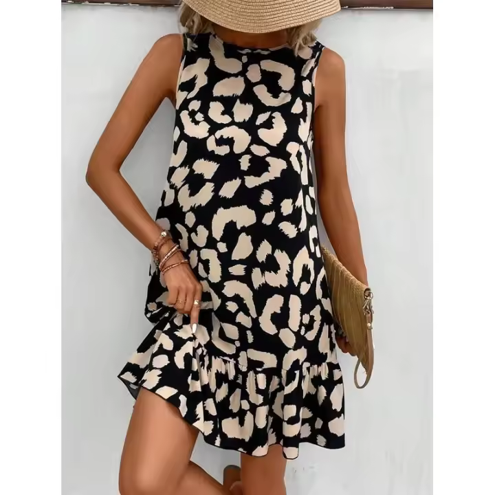 BUNO-Vestido corto informal sin mangas para mujer, ajustado con estampado de leopardo minivestido, estilo veraniego. - 1