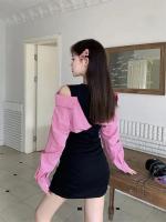 Vestido de manga larga de dos piezas falso empalmado, falda corta ajustada con hombros descubiertos y nicho de otoño - details 6