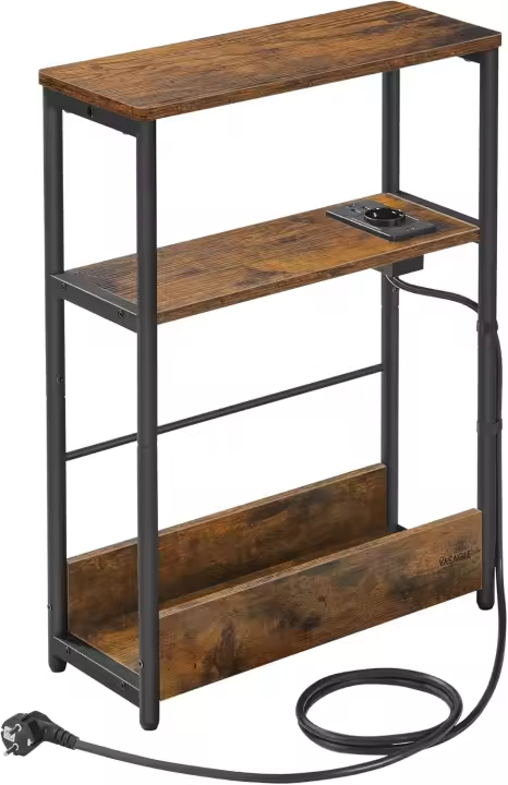 Mesa Auxiliar con Multienchufe, Mesita Estrecha con 3 Estantes, para Espacios Pequeños con Revistero, para Salón, Dormitorio, Estudio, Greige Melange y Negro Tinta LET335K05 - 1