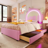 Cama tapizada, 90 x 200 cm, sin colchón, con tira de luz, cama con 2 cajones, forma unicornio, PU, rosa - details 9