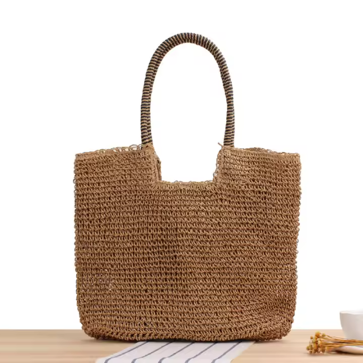 Bolso de playa tejido a mano, bolsa de un solo hombro, estilo bosque, Color sólido, a la moda, para verano - 1