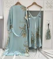 Camisón estampado de 2 piezas para mujer, vestido de novia, albornoz, ropa interior de satén con cuello en V, pijama con tirantes - details 10