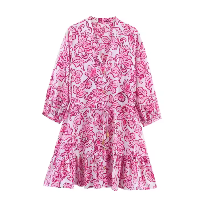 PB & ZA 2025, estampado de flores decorativas en capas, cuello en V, manga larga, dobladillo suelto, diseño con cordones, novedades de verano, ropa de mujer - 1