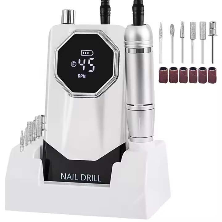 Taladro de uñas portátil inalámbrico profesional de 45000 RPM, lima de uñas inalámbrica de bajo ruido, máquina eléctrica con brocas y base para uñas acrílicas, máquina pulidora de uñas para salón en casa - 1