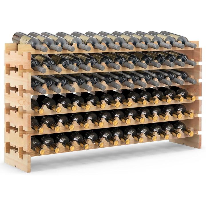 Botellero de Madera de Pino para 72 Botellas, Botellero Apilable de Madera con 6 Niveles, Estante para Botellas de Vino, Soporte para Botellero para Cocina, Hogar, Bar, Gran Espacio, 119 x 29 x 72 cm, Capacidad 90 kg