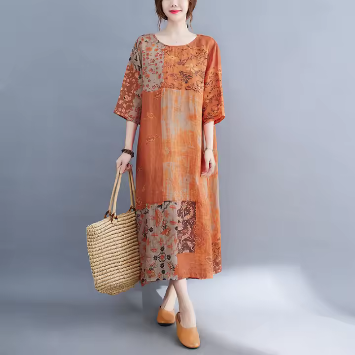 Novedad de verano, vestido de lino estampado ligero artístico Vintage, vestido largo informal adelgazante de corte recto de manga media para mujer - 1