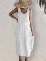 Vestido de verano 2024 para mujer de algodón y lino Vestido sin mangas con cuello redondo y bolsillos laterales - details 2