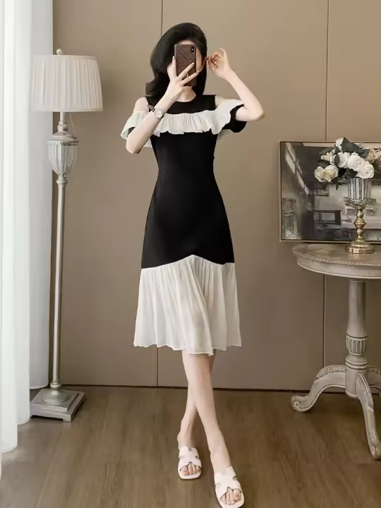 Vestido con hombros descubiertos de estilo francés para mujer en verano, con diseño adelgazante y falda de cola de pez con borde de hoja de loto, a - 1