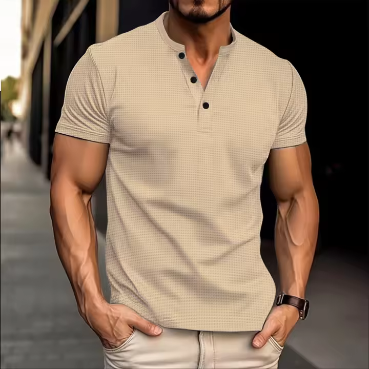 Camisa para hombre, ropa informal y cómoda de manga corta con botones y cuello redondo de color sólido. - 1