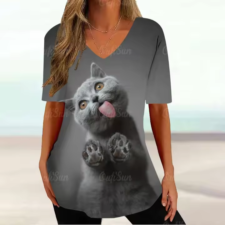 Camiseta Gráfica de Gato Kawaii Manga Corta, Estampado Haruku, Cuello en V, Ropa Suelta para Mujeres - 1