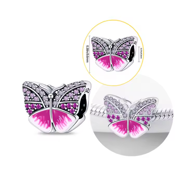 Abalorio de mariposa rosa, Pulsera Original de Plata de Ley 925 para la fabricación de joyas - 1