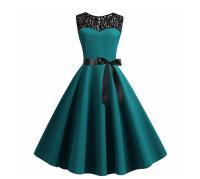Lace patchwork summer women a line elegant vintage party dress with belt - details 9