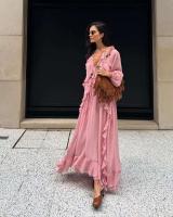 Vestidos elegantes lisos de encaje con múltiples unces, vestidos elegantes holgados con cuello de pico, batas de manga larga para mujer nueva, vestido de vacaciones para ir al trabajo de verano 2025 - details 10