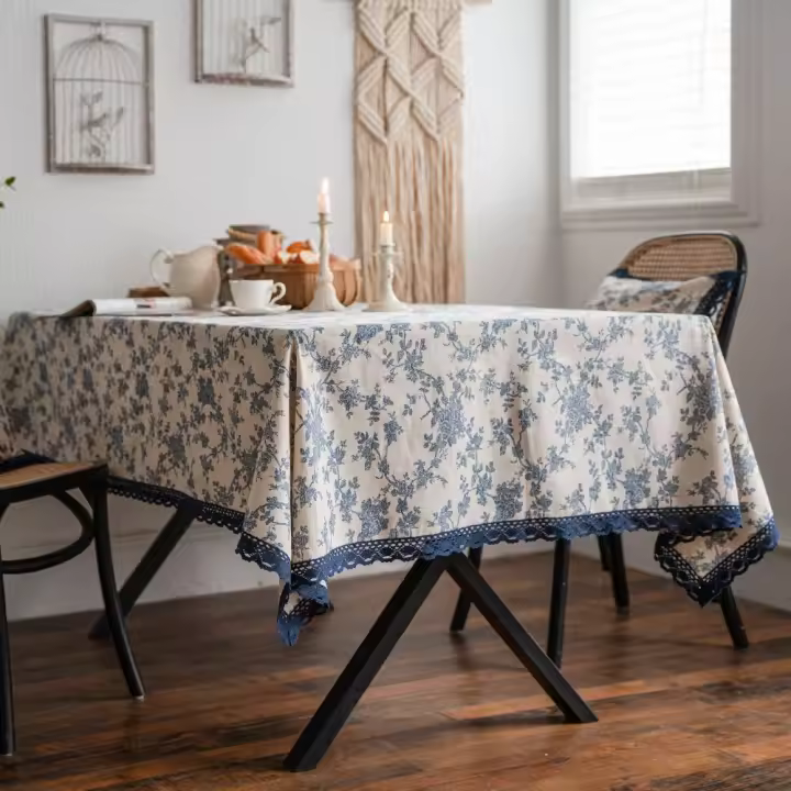 Exquisito mantel de lino y algodón con estampado de rosas, cubierta de mesa de estilo Pastoral más gruesa, decoración de mesa azul, decoraciones de mesa de tela - 1