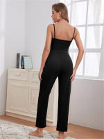 Conjunto de pijama de tres piezas para mujer, artículos para el hogar, top con tirantes de punto de oblea, pantalones largos, t, 2024 - details 5