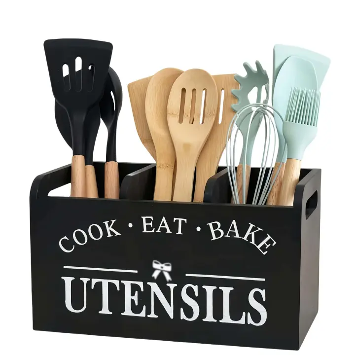 Organizador de Utensilios de Cocina de Madera Sólida Caja de Almacenamiento con Divisor para Cuchillos, Garfos, Cuchares Ideal para Cocinar - 1