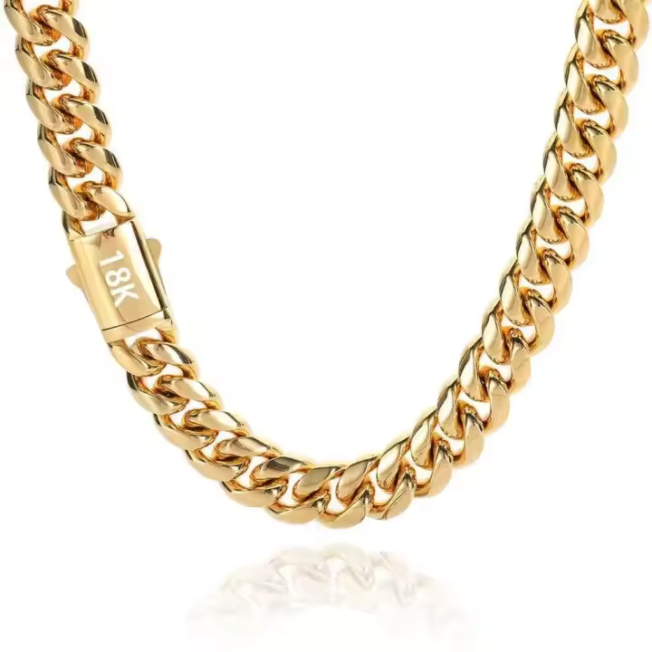 Collar de Cadena Cubana de Acero Inoxidable Dorado Impermeable, Varias Tamaños Disponibles para Hombres y Mujeres - 1