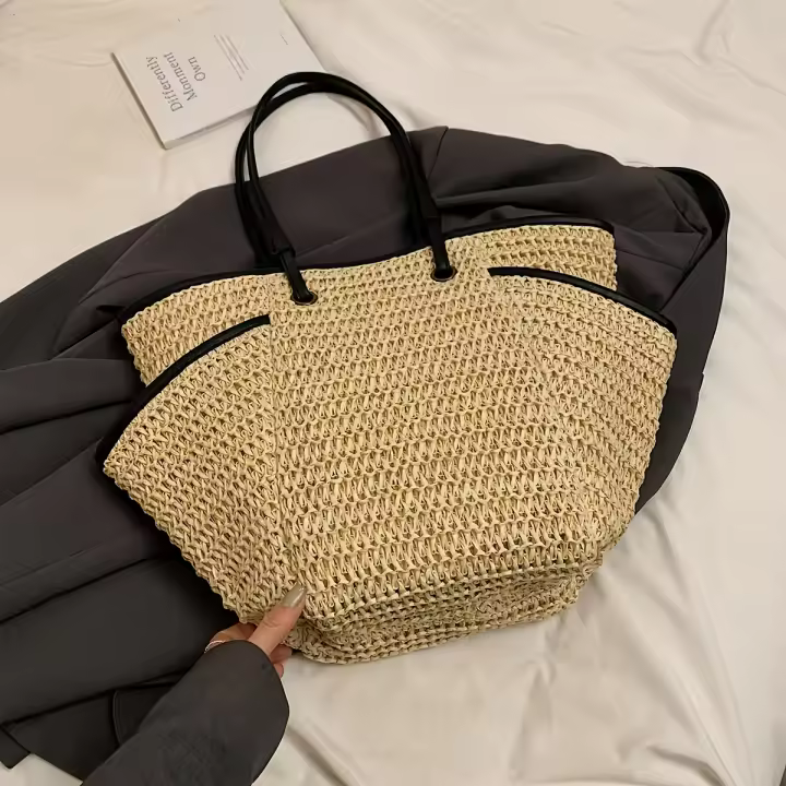 Bolso de mano de paja elegante para mujer: bolso de hombro convertible grande con cierre de cremallera y estilo minimalista beige y negro para la playa, camping, desplazamientos y viajes - 1