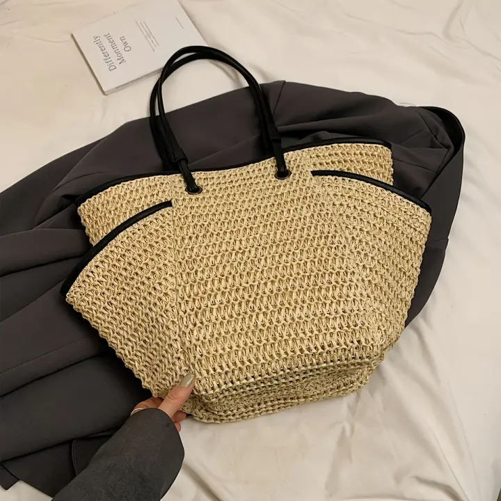 Bolso de mano de paja elegante para mujer: bolso de hombro convertible grande con cierre de cremallera y estilo minimalista beige y negro para la playa, camping, desplazamientos y viajes - 1