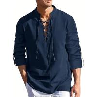 Camisas de Lino y Encaje para Hombres Cuello en V, Manga Larga, Instrucciones de Cuidado de Manos, Moda Casual para Primavera-Verano - details 3