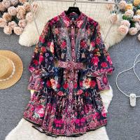Minivestido playero de verano para mujer, Vestido holgado de gasa con mangas largas acampanadas y cinturón con estampado Vintage, con cordones, 6259 - details 4