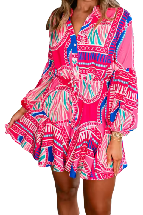 Elrachen Mini vestido bohemio con estampado abstracto y mangas abullonadas para mujer, rosa, tallas S-XL - 1