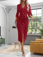 Vestido de viaje para mujer, solapa de Color sólido, cintura con cordones, temperamento - details 4