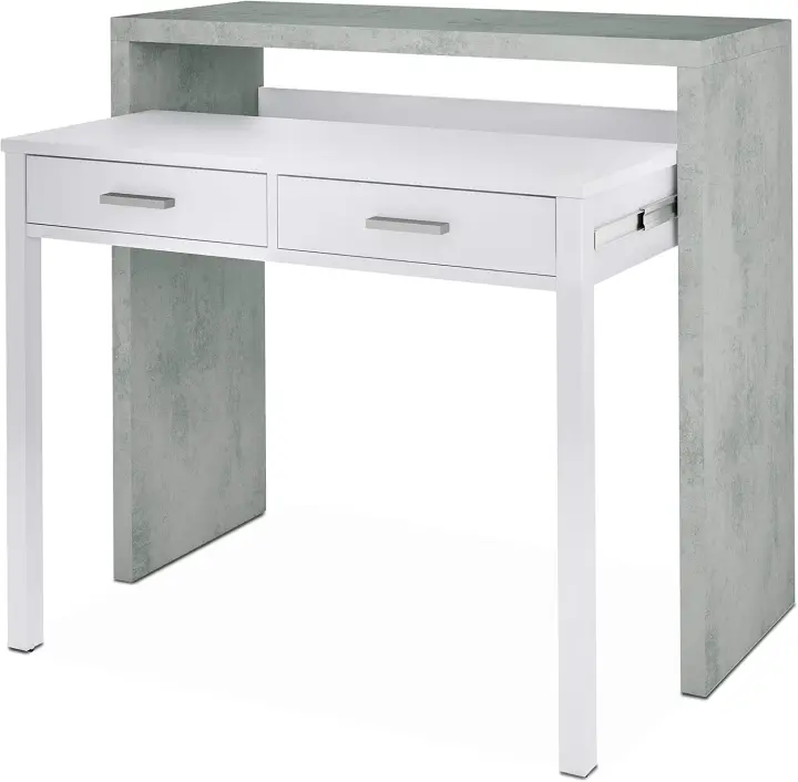 Escritorio Extensible, Mesa Estudio, Consola, Color Blanco Artik y Roble Canadiense, Medidas: 98,5 cm (Largo) x 36-70 cm (Fondo) x 87,5 cm (Alto) - 1