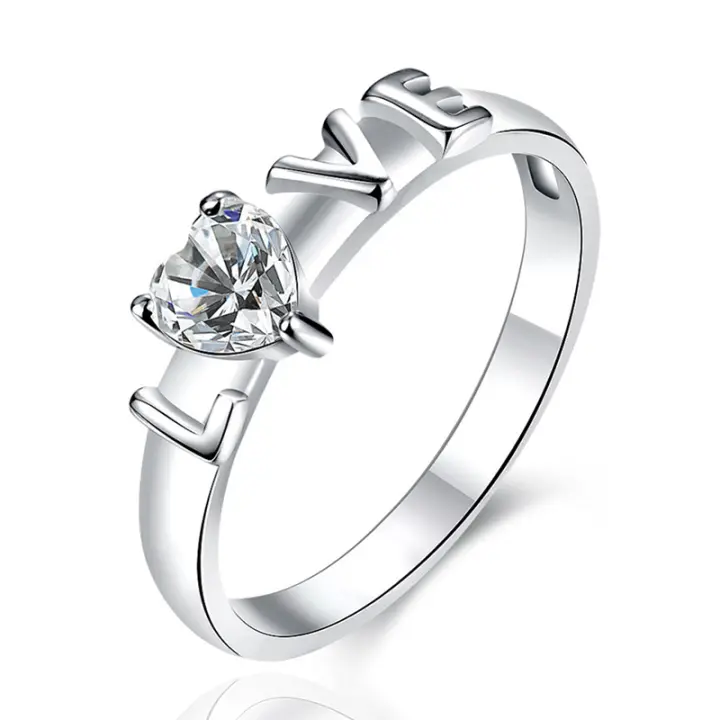 Anillo de Plata de Ley 925 para hombre y mujer, sortija de circonita con forma de corazón y letras de amor, joyería de moda, regalo - 1