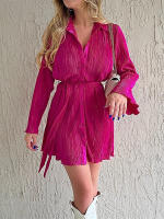 Women Pleated Long Sleve Single Breasted with Sashes Turn-down Neck Pleated Slim Dress 2023 Casual Street Dresses - details 8