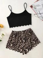 Conjunto de Pijama Estampado de Leopardo para Mujer Lencería Sexy, Ropa de Dormir con Cuello en V, Top Sin Mangas y Pantalones Cortos - details 2