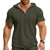 Hombres Deportes Fitness Casual al aire libre de manga corta camiseta con capucha Top Henley Shirt. - details 3