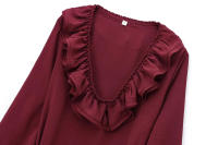 , Nueva serie de vestido de manga larga elegante apilado decorativo hasta la rodilla con cuello en V para mujer con cinturón para temperamento femenino - details 16