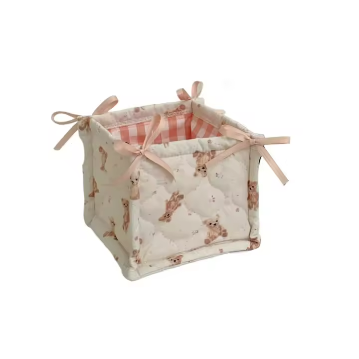 Cesta de almacenamiento acolchada de algodón, cesta de almacenamiento de escritorio cuadrada estilo Ins, patrón de oso, bolsa organizadora de artículos diversos suaves para estudiantes - 1